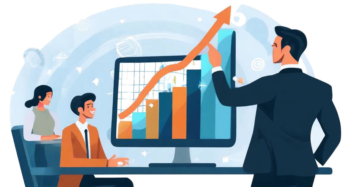 align content metrics with business goals - align content metrics with business goals - Person gestures to upward data trend on screen while presenting to a group.