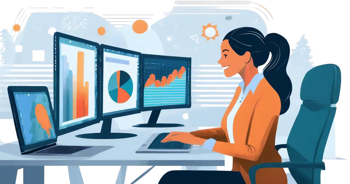 Person analyzing data on computer screens
A person sitting at a desk looking at three computer monitors. On the left monitor is a bar graph, the middle monitor shows a website dashboard, and the right monitor shows a pie chart. The person is analyzing data on the screens.