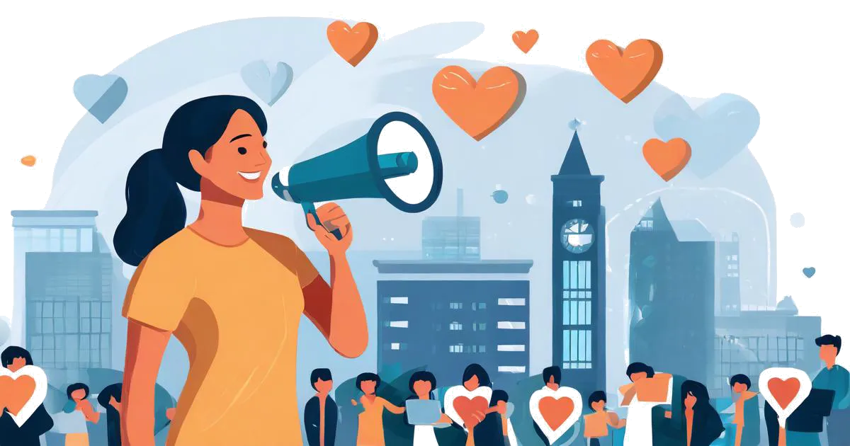 A person with a megaphone communicates to an engaged audience wearing heart shirts, representing building loyal relationships through valuable brand messaging.