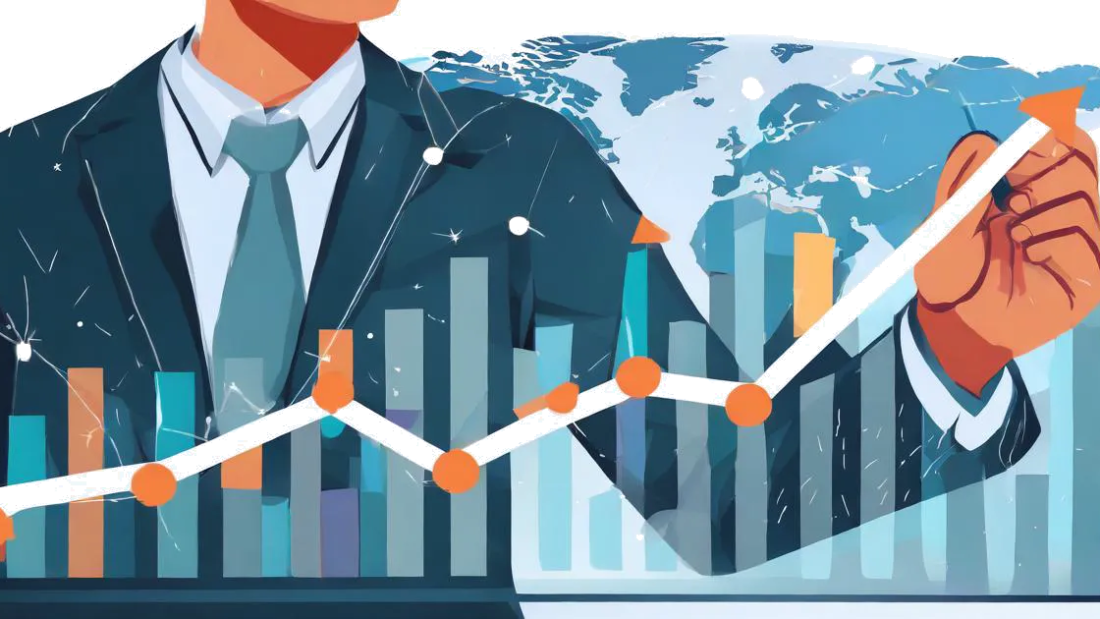 A graph drawn by a pen on a notebook representing increasing website traffic due to content marketing. A hand holding a pen drawing a graph going up to represent increasing website traffic. In the background there is a computer screen with a website page open.