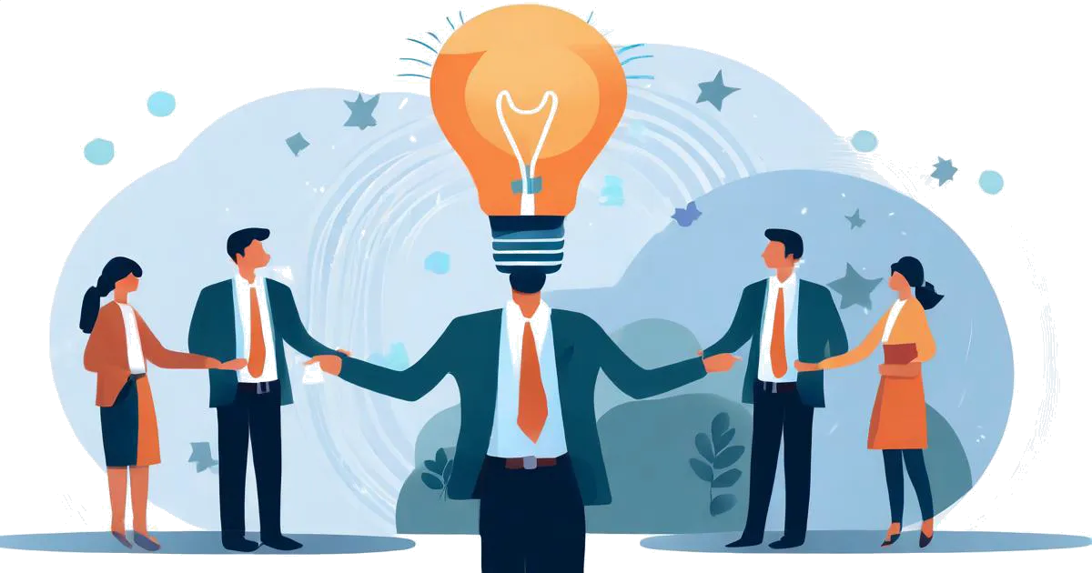 Person with lightbulb head connecting content and marketing groups A person with a light bulb for a head stands between two groups of people, representing "content" on the left and "marketing" on the right. The lightbulb person connects the two groups with outstretched arms, symbolizing the bringing together of content and marketing.