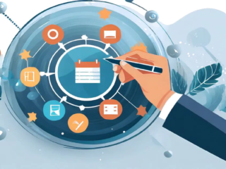 content calendar workflow - A pen circling a calendar icon with arrows leading to symbols for various content channels, illustrating planning and distributing content across channels