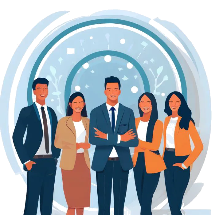Five coworkers standing together smiling A graphic with 5 people standing together smiling. The people appear to be coworkers in business casual attire. There are 2 women and 3 men of varying ethnic backgrounds. They are standing in front of a white wall with the company logo.