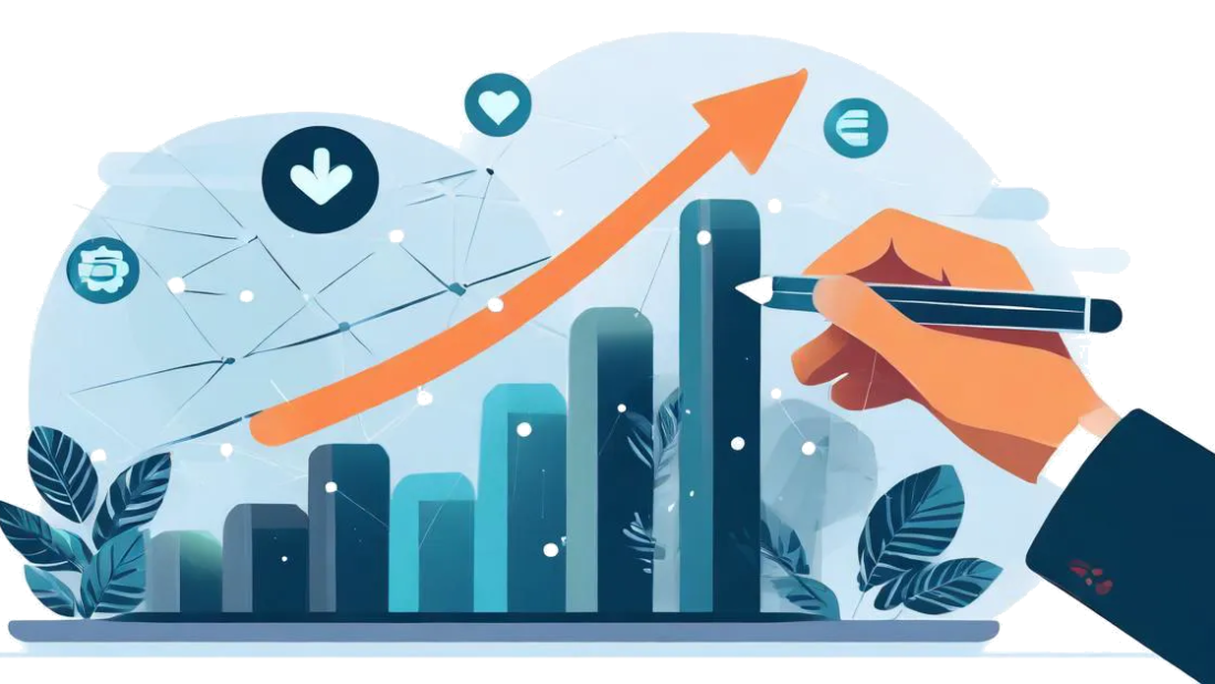 gamifying content - A graph drawn by a pen going up with game controller icons behind it